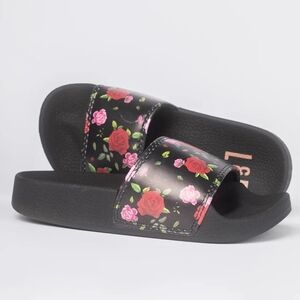 Size 4 NEW L&P Apparel Floral Black Slide Sandals